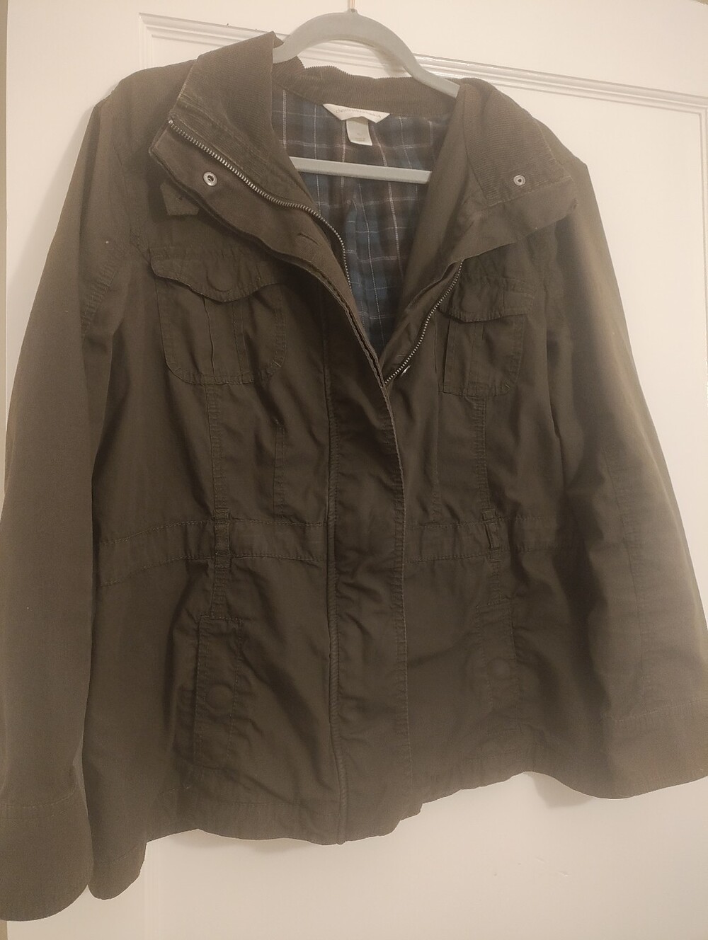 Christopher & Banks XL Olive Green Utility Field Jacket Plaid Lined Zip Button